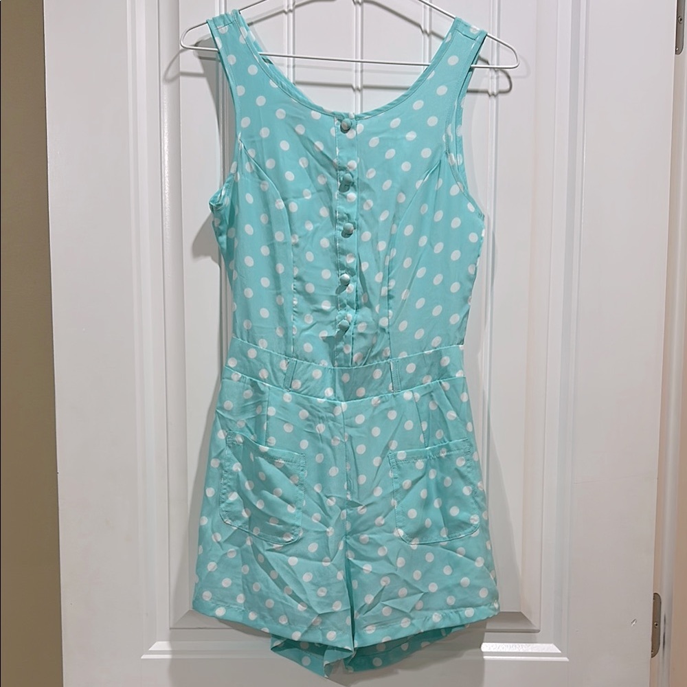 Aqua Polka Dot Romper with open back and front pockets